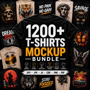 以下が含まれることがあります： 白と黄色のテキスト「1200+ T-SHIRTS MOCKUP BUNDLE」が中央に配置された黒いTシャツモックアップバンドル。EPS、JPG、AI、CDR、PNG、PDFなどのファイル形式のアイコンが含まれており、周囲には様々なグラフィックTシャツのデザインが配置されています。