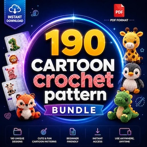 190 Cartoon Amigurumi Crochet Patterns Characters Bundle (PDF Download)