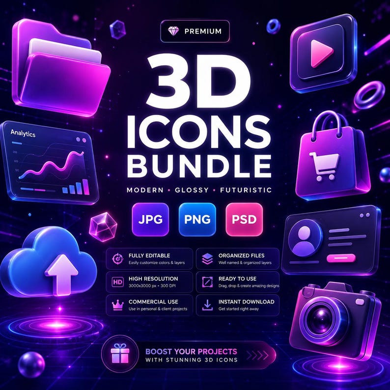 Puede incluir: Un paquete de iconos 3D digitales que presenta una colecci&oacute;n de iconos brillantes de colores ne&oacute;n, que incluyen una carpeta, un gr&aacute;fico de an&aacute;lisis, una carga en la nube, una bolsa de compras, un perfil de usuario y una c&aacute;mara.