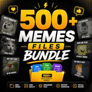 Puede incluir: Gráfico digital que promociona un "500+ MEMES FILES BUNDLE". La imagen presenta ejemplos de memes, iconos de tipos de archivo (JPG, PNG, WEBP) e iconos que indican alta calidad, archivos organizados, descarga instantánea y compatibilidad.