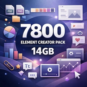 May include: A digital graphic with the text "7800 ELEMENT CREATOR PACK 14GB" surrounded by various design elements, including file icons, charts, and social media symbols. The color palette includes blues, purples, and oranges, creating a modern and professional aesthetic.