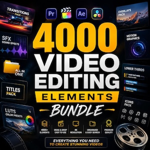 Peut inclure: Un ensemble de produits numériques intitulé 4000 Video Editing Elements Bundle avec des icônes pour des logiciels comme Premiere Pro et After Effects. Le graphique affiche diverses catégories dont des transitions, effets sonores et préréglages.
