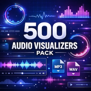 Peut inclure: Graphique numérique avec le texte "500 AUDIO VISUALIZERS PACK" en blanc. L'image présente diverses visualisations d'ondes audio dans des tons de bleu, de violet et de rose, ainsi que des icônes de fichiers MP3 et WAV. Le fond est bleu foncé.