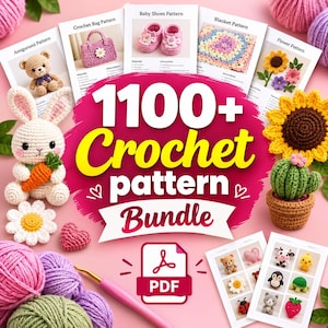 Puede incluir: Un paquete digital de más de 1100 patrones de ganchillo en formato PDF, que incluye guías impresas para amigurumi, bolsos, zapatos de bebé, mantas y flores, junto a objetos de ganchillo como un conejo y un cactus.
