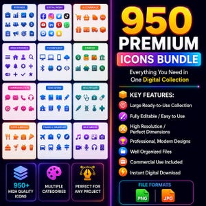 May include: A digital collection of 950 premium icons organised into categories including business, social media, e-commerce, user interface, technology, finance, communication, education, healthcare, food, travel, and multimedia in PNG and JPG formats.