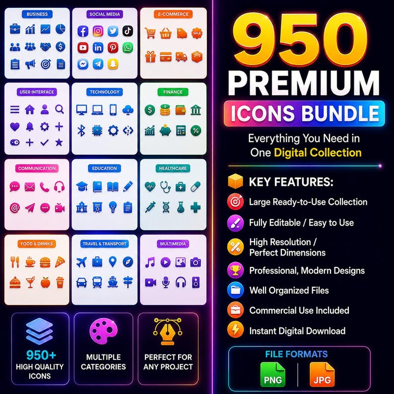 May include: A digital collection of 950 premium icons organised into categories including business, social media, e-commerce, user interface, technology, finance, communication, education, healthcare, food, travel, and multimedia in PNG and JPG formats.