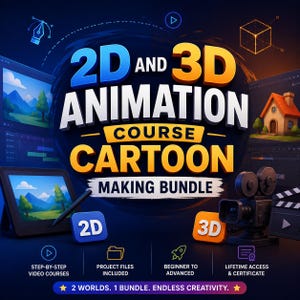 Puede incluir: Imagen promocional de un paquete de cursos de animación 2D y 3D. La imagen presenta el texto "2D AND 3D ANIMATION COURSE CARTOON MAKING BUNDLE" en letras grandes y coloridas. Texto adicional incluye "STEP-BY-STEP VIDEO COURSES" y "BEGINNER TO ADVANCED".