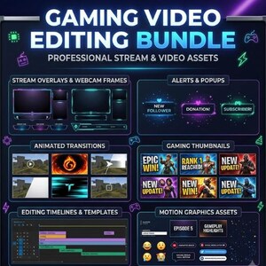 K&ouml;nnte beinhalten: Ein digitales Gaming-Video-Bearbeitungspaket mit professionellen Stream- und Video-Assets. Die Grafik zeigt Stream-Overlays, Webcam-Rahmen, Benachrichtigungen, Popups, animierte &Uuml;berg&auml;nge, Gaming-Thumbnails, Bearbeitungs-Timelines und Motion-Graphics.