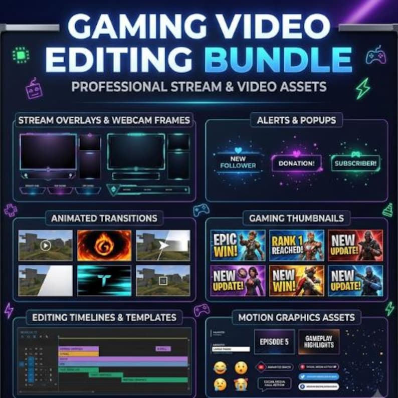 K&ouml;nnte beinhalten: Ein digitales Gaming-Video-Bearbeitungspaket mit professionellen Stream- und Video-Assets. Die Grafik zeigt Stream-Overlays, Webcam-Rahmen, Benachrichtigungen, Popups, animierte &Uuml;berg&auml;nge, Gaming-Thumbnails, Bearbeitungs-Timelines und Motion-Graphics.