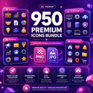 May include: A digital graphic display featuring 950 premium icons in a bundle. The layout includes categorised sections for Business, Technology, Marketing, and UI Essentials, with PNG and JPG file format labels and descriptive text features.