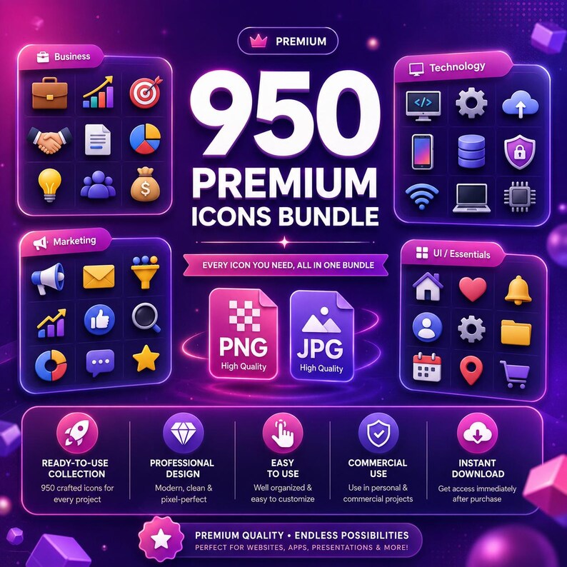 May include: A digital graphic display featuring 950 premium icons in a bundle. The layout includes categorised sections for Business, Technology, Marketing, and UI Essentials, with PNG and JPG file format labels and descriptive text features.