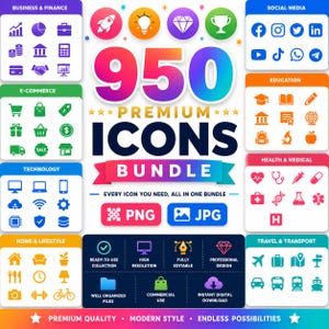 May include: A digital graphic advertisement for a 950 premium icons bundle. The text reads 950 PREMIUM ICONS BUNDLE, PNG, JPG, and lists categories like Business & Finance, Social Media, E-commerce, Education, Technology, Health & Medical, and Travel.
