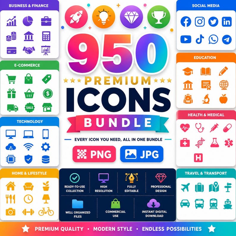 May include: A digital graphic advertisement for a 950 premium icons bundle. The text reads 950 PREMIUM ICONS BUNDLE, PNG, JPG, and lists categories like Business & Finance, Social Media, E-commerce, Education, Technology, Health & Medical, and Travel.