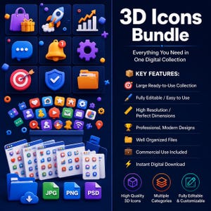 Puede incluir: Un paquete de iconos 3D con una colecci&oacute;n de gr&aacute;ficos digitales coloridos, incluyendo un cohete, una diana, una campana y carpetas. El texto dice 3D Icons Bundle, Everything You Need in One Digital Collection, e incluye formatos JPG, PNG y PSD.