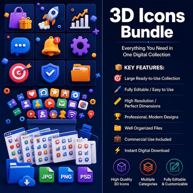 Puede incluir: Un paquete de iconos 3D con una colecci&oacute;n de gr&aacute;ficos digitales coloridos, incluyendo un cohete, una diana, una campana y carpetas. El texto dice 3D Icons Bundle, Everything You Need in One Digital Collection, e incluye formatos JPG, PNG y PSD.