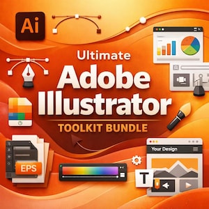 Könnte beinhalten: Eine orangefarbene und gelbe Grafik, die ein Adobe Illustrator Toolkit Bundle bewirbt. Das Bild zeigt das Adobe Illustrator-Logo, Design-Tools und den Text "Ultimate Adobe Illustrator Toolkit Bundle."