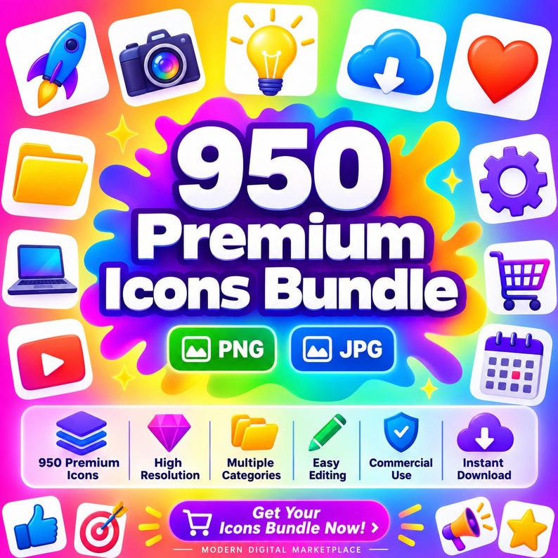May include: A digital graphic featuring the text 950 Premium Icons Bundle with PNG and JPG labels. The design includes various colourful icons like a rocket, camera, lightbulb, cloud, heart, folder, laptop, gear, cart, calendar, and play button.