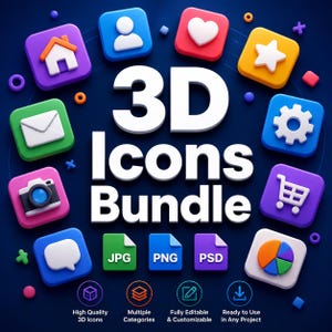 Puede incluir: Un paquete de iconos 3D con texto blanco sobre un fondo azul oscuro, rodeado de iconos cuadrados redondeados de colores que incluyen una casa, coraz&oacute;n, estrella, engranaje, carrito, c&aacute;mara y sobre, con etiquetas de formato JPG, PNG y PSD.