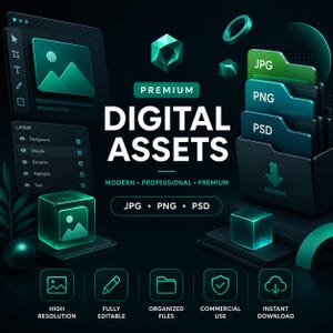 Puede incluir: Un gr&aacute;fico digital con el texto PREMIUM DIGITAL ASSETS e iconos que representan formatos de archivo como JPG, PNG y PSD. El dise&ntilde;o incluye una interfaz de capas, un icono de carpeta con una flecha de descarga y formas geom&eacute;tricas en color verde azulado.