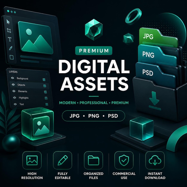 Puede incluir: Un gr&aacute;fico digital con el texto PREMIUM DIGITAL ASSETS e iconos que representan formatos de archivo como JPG, PNG y PSD. El dise&ntilde;o incluye una interfaz de capas, un icono de carpeta con una flecha de descarga y formas geom&eacute;tricas en color verde azulado.