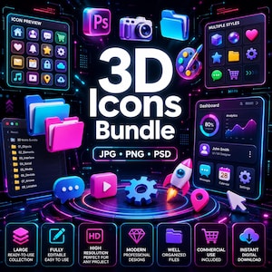 Puede incluir: Un paquete de iconos 3D digitales con elementos de interfaz de colores ne&oacute;n vibrantes, carpetas, un cohete y gr&aacute;ficos de panel. El texto dice 3D Icons Bundle, JPG, PNG, PSD, e incluye varias etiquetas como Large, HD y Commercial Use Included.