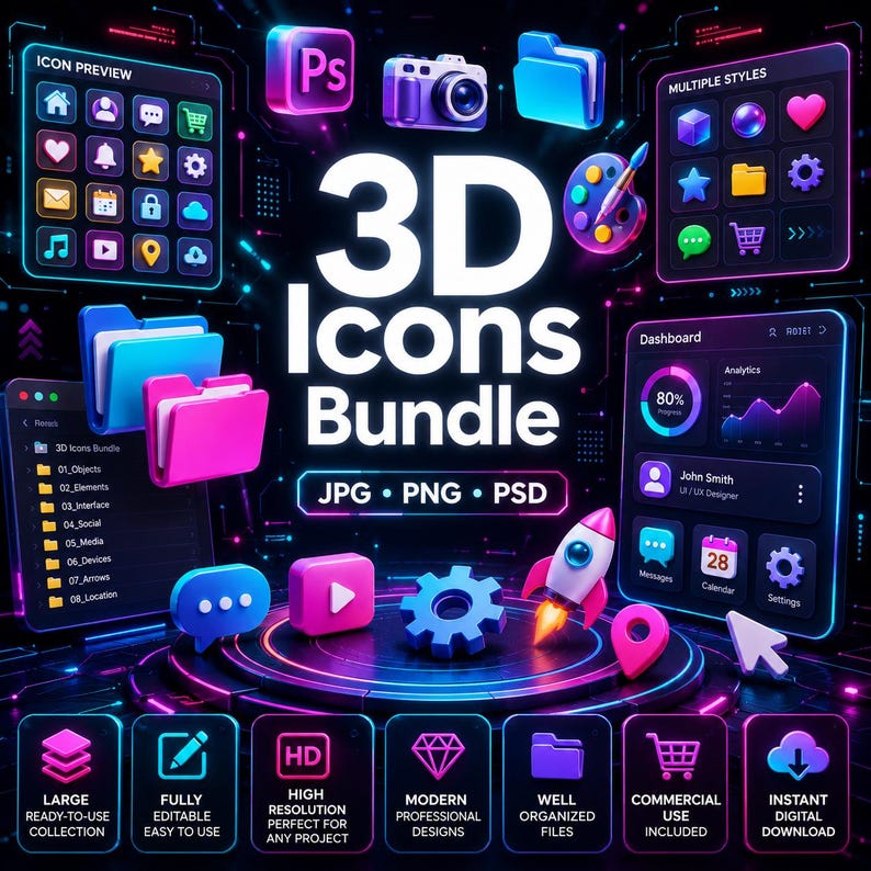 Puede incluir: Un paquete de iconos 3D digitales con elementos de interfaz de colores ne&oacute;n vibrantes, carpetas, un cohete y gr&aacute;ficos de panel. El texto dice 3D Icons Bundle, JPG, PNG, PSD, e incluye varias etiquetas como Large, HD y Commercial Use Included.