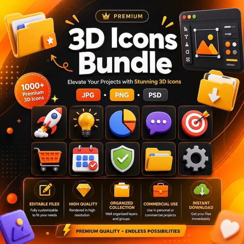Puede incluir: Un paquete de iconos 3D digitales que presenta una colecci&oacute;n de iconos coloridos que incluyen un cohete, una bombilla, un gr&aacute;fico circular, un globo de texto, un objetivo, un carrito de compras, un calendario, un escudo, una carpeta y un engranaje.