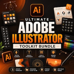 Peut inclure: Un ensemble d'outils numériques pour Adobe Illustrator avec le texte Ultimate Adobe Illustrator Toolkit Bundle. Le design comprend des icônes, des modèles de logos, des styles graphiques, des éléments vectoriels et des polices sur fond sombre.