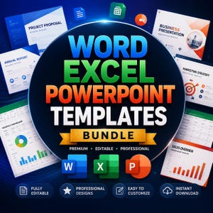 May include: A digital graphic featuring the text WORD EXCEL POWERPOINT TEMPLATES BUNDLE in large, bold, colorful letters. The design includes icons for Word, Excel, and PowerPoint, surrounded by various business document templates on a dark blue background.