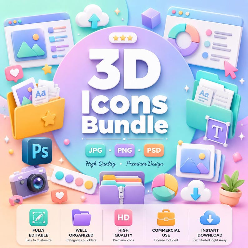 Puede incluir: Un conjunto gr&aacute;fico digital en 3D con el texto 3D Icons Bundle y varios iconos en tonos pastel que incluyen carpetas, una c&aacute;mara, un gr&aacute;fico circular, nubes y logotipos de software, junto con etiquetas para JPG, PNG, PSD y sus caracter&iacute;sticas.
