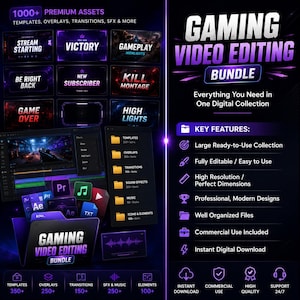 K&ouml;nnte beinhalten: Ein digitales Gaming-Video-Bearbeitungs-Bundle mit &uuml;ber 1000 Assets, darunter Vorlagen, Overlays, &Uuml;berg&auml;nge und Soundeffekte. Die Grafik zeigt den Text Gaming Video Editing Bundle sowie Key Features und listet verschiedene Dateikategorien auf.