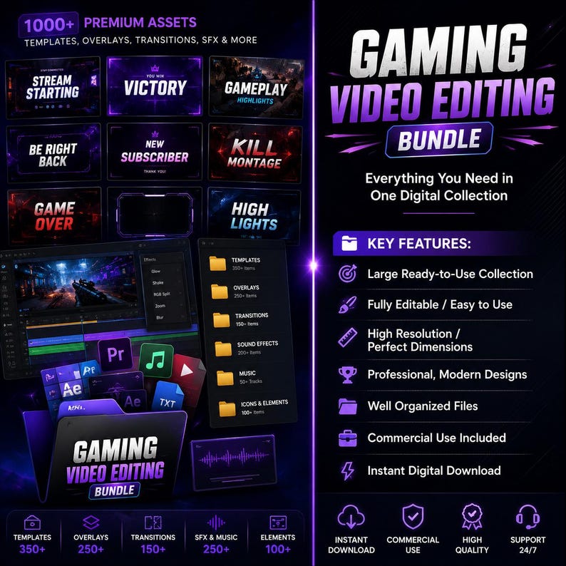 K&ouml;nnte beinhalten: Ein digitales Gaming-Video-Bearbeitungs-Bundle mit &uuml;ber 1000 Assets, darunter Vorlagen, Overlays, &Uuml;berg&auml;nge und Soundeffekte. Die Grafik zeigt den Text Gaming Video Editing Bundle sowie Key Features und listet verschiedene Dateikategorien auf.