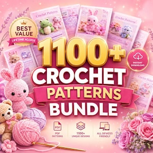 Puede incluir: Imagen promocional de un paquete de patrones de ganchillo. La imagen presenta el texto "1100+ Crochet Patterns Bundle" en dorado y rosa, rodeado de animales de ganchillo, hilo y libros de patrones. La imagen también incluye el texto "Best Value Lifetime Access" e "Instant Download".