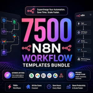 May include: A digital graphic advertising the "7500 N8N Workflow Templates Bundle." The design uses a pink and blue gradient, with icons and text highlighting automation, productivity, and time-saving benefits. The text includes "Supercharge Your Automation. Save Time. Scale Faster."