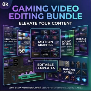 K&ouml;nnte beinhalten: Ein digitales Gaming-Video-Bearbeitungspaket mit verschiedenen Panels, die Bewegungsgrafiken, Soundeffekte, Stream-Bildschirme, bearbeitbare Vorlagen und Gaming-Assets zeigen, inklusive Text&uuml;berlagerungen wie 8k, Gaming Video Editing Bundle und Elevate Your Content.