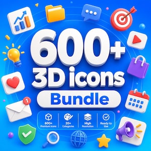 May include: A bright blue graphic with the words "600+ 3D icons Bundle." The image showcases 3D icons including a lightbulb, heart, shopping bag, and calendar. Additional text highlights "600+ Premium Icons," "20+ Categories," and "High Resolution."