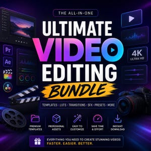 May include: A digital graphic for an Ultimate Video Editing Bundle featuring bold text, a camera, film reel, and editing software icons. The design includes neon blue and purple accents on a dark background with labels for templates, LUTs, and SFX.