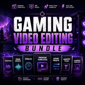 Può includere: Immagine promozionale per un pacchetto di editing video di giochi. Il titolo "GAMING VIDEO EDITING BUNDLE" è in grande testo bianco e viola. L'immagine include icone per transizioni, effetti sonori, overlay, modelli premium, preset di editing, titoli animati e modelli di miniature.