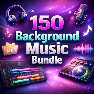 Könnte beinhalten: Digitales Grafikdesign, das ein "150 Background Music Bundle" bewirbt. Das Bild zeigt Kopfhörer, ein Mikrofon, einen Musikplayer und ein Tablet mit einer Musikbearbeitungsoberfläche. Der Hintergrund ist eine lebendige Mischung aus Lila, Blau und Pink.