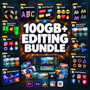 May include: A digital editing bundle featuring the text 100GB+ EDITING BUNDLE surrounded by various folders containing 3D hands, animated letters, callout files, emojis, fonts, green screen animations, presets, sound effects, and motion backgrounds.