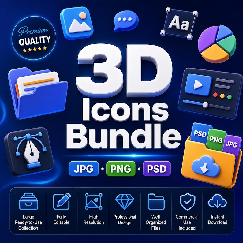 Puede incluir: Un conjunto gr&aacute;fico digital en 3D titulado 3D Icons Bundle que presenta varios iconos coloridos, incluyendo carpetas, un gr&aacute;fico circular y herramientas de texto. El dise&ntilde;o incluye etiquetas para formatos de archivo JPG, PNG y PSD.