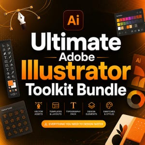 Może przedstawiać: Reklama pakietu narzędzi Adobe Illustrator. Obraz zawiera tekst "Ultimate Adobe Illustrator Toolkit Bundle" w kolorze białym i pomarańczowym. Zawiera ikony zasobów wektorowych, szablonów, typografii, elementów projektu i próbek.