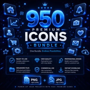 May include: A digital graphic featuring the text 950 PREMIUM ICONS BUNDLE in glowing blue letters. The design includes various app-style icons like a house, camera, and heart, along with text detailing features like ready-to-use and high quality.