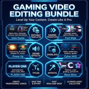 K&ouml;nnte beinhalten: Eine digitale Grafik mit dem Titel Gaming Video Editing Bundle, die sechs Abschnitte mit Symbolen und Text enth&auml;lt: Intro Scene, Editable Templates, Gaming Transitions, Fast Wipe, Sound Effects, Overlays, Cyber HUD, Player One, Titles und Effects.
