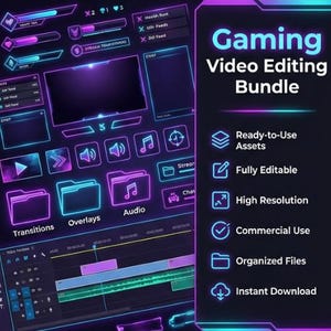 K&ouml;nnte beinhalten: Ein Gaming-Video-Bearbeitungs-Bundle mit neonfarbenen violetten und blauen Interface-Elementen, darunter Gesundheitsleisten, Chat-Boxen, Audio-Symbole und Ordner-Icons. Der Text lautet Gaming Video Editing Bundle, Ready-to-Use Assets, Fully Editable, High Resolution, Commercial Use, Organized Files und Instant Download.