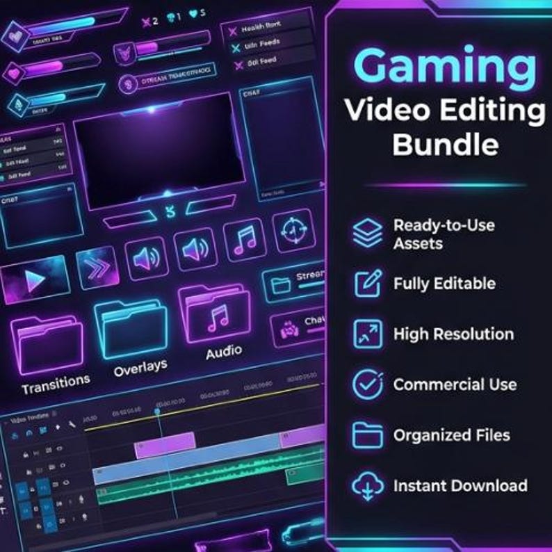 K&ouml;nnte beinhalten: Ein Gaming-Video-Bearbeitungs-Bundle mit neonfarbenen violetten und blauen Interface-Elementen, darunter Gesundheitsleisten, Chat-Boxen, Audio-Symbole und Ordner-Icons. Der Text lautet Gaming Video Editing Bundle, Ready-to-Use Assets, Fully Editable, High Resolution, Commercial Use, Organized Files und Instant Download.