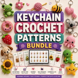 Pacchetto di schemi per portachiavi amigurumi all'uncinetto, mini animali, disegni di cibo (download PDF)