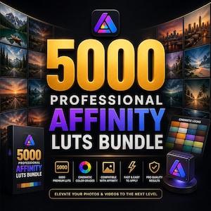 Może przedstawiać: Obraz promocyjny dla pakietu 5000 Professional Affinity LUTS Bundle. Obraz zawiera liczbę "5000" w kolorze złotym, z napisem "Professional Affinity LUTS Bundle" w kolorze fioletowym i niebieskim. Zawiera również przykładowe zdjęcia i ikony.