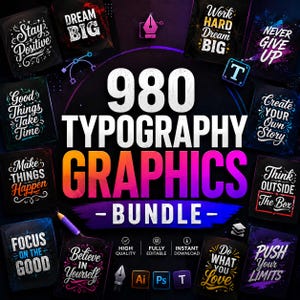 編集可能なタイポグラフィグラフィック980点セット、ビンテージ、レトロ、モダンテキストデザイン（デジタルダウンロード）