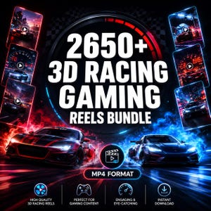 Puede incluir: Un gráfico digital con el texto 2650+ 3D RACING GAMING REELS BUNDLE en letras blancas en negrita. La imagen muestra dos coches deportivos, uno rojo y otro azul, rodeados de pequeñas vistas previas de vídeo rectangulares e iconos de formato MP4.